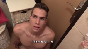 Very tall teenager pounds in bathroom