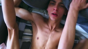 skinny brunette hair teen cums all over himself after sex