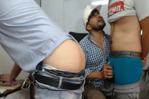 three daddy males With big ramrods Caressing Each Other And Having Live Sex